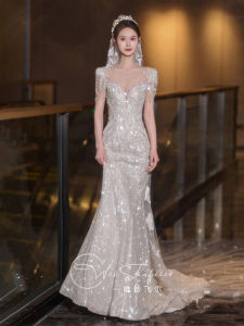 ชุดแต่งงานสไตล์ฝรั่งเศส ชุดเจ้าสาว ชุดกันหนาว ชุดแต่งงานแบบฝังน้ำหนักเบา ชุดราตรี ชุดคลุมผม แขนยาว ปมประดับเพชร