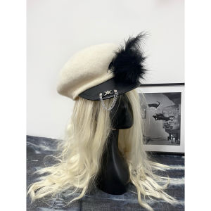 Original Dark Hen Feather Subculture Spicy Girl Tweed Beret Hat with Chain And Leather Buckle Short Brim Casual Style for All Ages