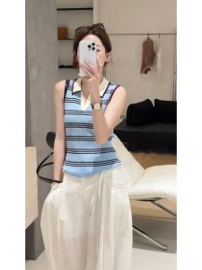 YUEZHONGWEI | Color Block Stripe Turn-Down Collar Icy Silk Knit Slim-fit Sleeveless Top for Summer