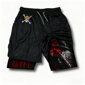 Bandai | One Piece Mens Double-layer Shorts Monkey D. Luffy Summer Japanese Anime Fake Two-piece Sports Fitness Quick-drying Shorts