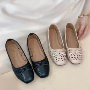 Elegant Womens Leather Flat Shoes with Hollow-Out Design and Bow Detail 5018-42