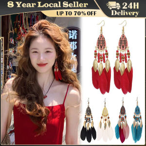 2PCS Bohemian Ethnic Feather Womens Earrings Long Drop Dangle Wedding Jewelry Indian Gold Color Handmade Beaded Earrings Pendientes