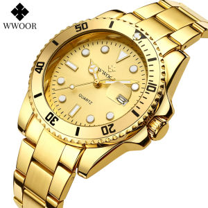 WWOOR Men Watches 2022 Luxury Analog Quartz Watch For Men Gold Sport Dive Watch Waterproof Stainless Steel Auto Date Watch