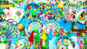 Bandai | 177 Pcs Super Mario Party Decorations&Tableware Set-Mario Bros Balloons Backdrop Banner Plates etc Mario Birthday Party Supplies