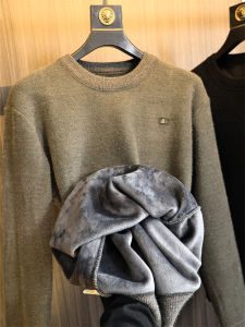 Mens Winter Thickened Fleece Knitted Sweater round Neck Texture Embroidery Composite Silver Fox Fur Fashion Urban Style Long Sleeve