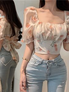 Summer Floral Print Short Sleeve Chiffon Shirt Womens High Waist Design Bubbles Sleeve Crop Top Korean Style Commute Fashion