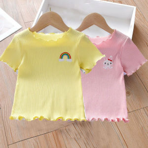 Girls Ice Silk T-Shirt Short Sleeve Thin Summer New Style White Top for 1 Year Old Baby Kids Children Korean Style Soft Fabric
