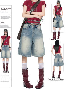 MZVZ | Quần Short Jean Đùi Rộng Cao Cổ Màu Xanh Retro Mỹ 5 分