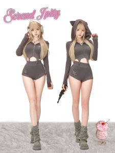 ชุดกีฬาสีเทาเข้มสำหรับผู้หญิง ชุดกีฬาสีเทาเข้มพร้อมกางเกงขาสั้นสีเงิน ชุดแฟชั่นฤดูใบไม้ร่วง/ฤดูหนาว ชุดสตรีทสไตล์สตรีท