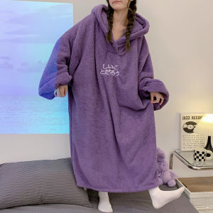Lazy Pajamas Women Autumn and Winter Coral Fleece Couple Thickened Mens Flannel Long One-Piece Nightgown Oversized Nightdress