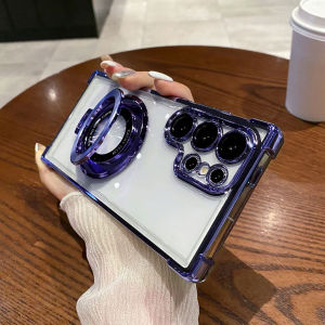 Luxury Magnetic Plating Stand Shockproof Clear Phone Case For Samsung Galaxy S25 Edge S26 S25 S24 S23 S22 S21 S20 Fe Plus Ultra Note 10 Plus 20 Ultra 4G 5G Back Cover Casing
