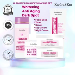 Paket KiyoraSKin Ultimate Radiance Skincare Set Facial Soap Toner Serum Day Cream Dan Night Cream Skincare Dark Spot Anti Aging | Rangkaian Whitening Moisturizer Pembersih Pencerah Noda Hitam Pelembab Pemutih Krim Kulit Wajah