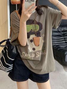 plus Size Cartoon Letter Print Shoulder Length Short Sleeve Womens T-Shirt Summer Loose Slimming Meat Covering Lazy Top