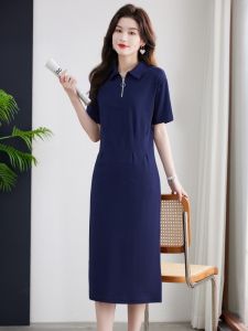 Casual Cotton Long Dress Short Sleeve Polo Collar Womens Gown Full Cotton Knee-Length Overcoat T-Shirt Dress Summer Fashion