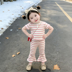 Melario | New Summer Korean Fashion Childrens Clothing Round Neck Lace Striped Top+Pants Casual Daily Girls Set for 2-7 Years Old