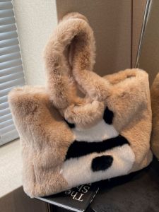 Furry Panda Womens Handbag Commuter Shoulder Bag Soft Plush Tote Bag Fashionable All-Match Large Capacity Bucket Bag