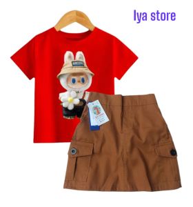 Setelan Rok cargo mini dan kaos labubu anak usia 1-12tahun bahan catton drill lembut