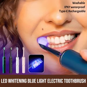 Led Whitening Blue Light Electric Toothbrush: IPX7 Waterproof Type-C Washable Rechargeable Electric Toothbrush Portable Tartar Calculus Remover Teeth Scaling Tools