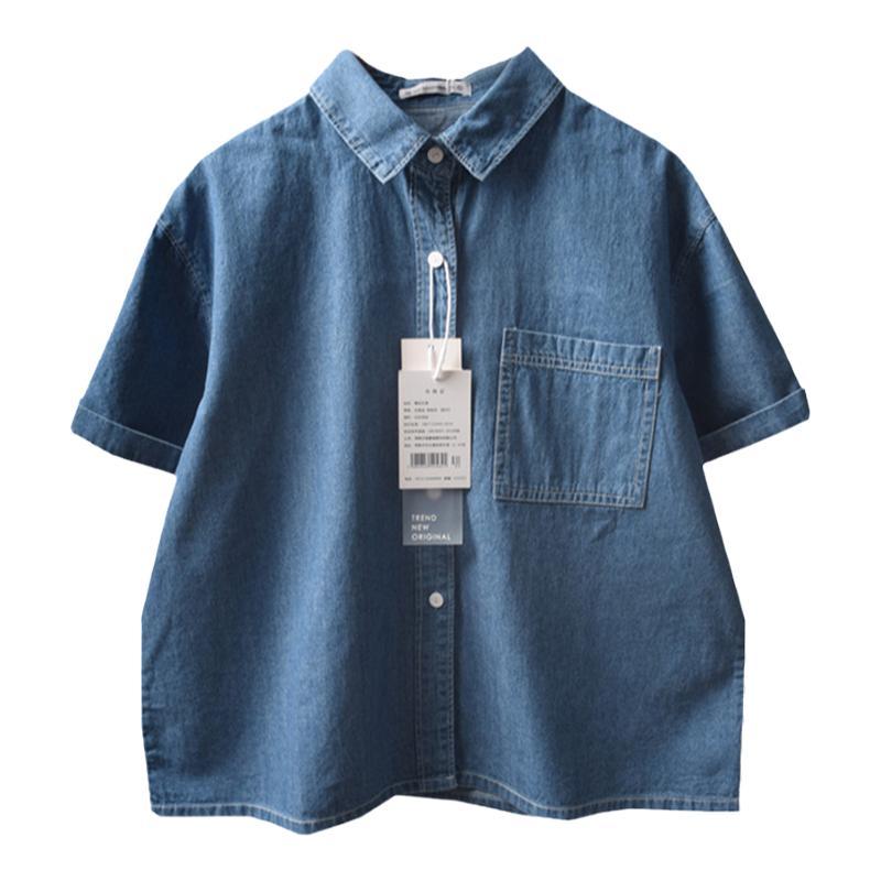 Japanese Style Loose Short Sleeve Classic Solid Color Denim Shirt  Artistic School Girl Top Womens Fashion Summer Shirt