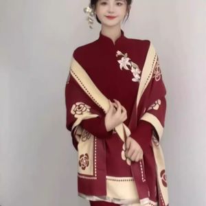 Retro Embroidered Red Dress for Wedding Engagement New Year Party Long Sleeve Evening Gown Ladies Fashion