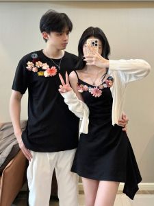 Đầm Mùa Hè Họa Tiết Hoa Bó Eo Cho Cặp Đôi Đầm Mini Không Tay Cổ Chữ V Dáng Chữ a Váy Midi Vải Polyester Thời Trang Mùa Hè