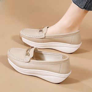 Comfortable Soft Bottom Real Leather Womens Slip-On Casual Shoes Spring Autumn Thick Heel Easy Wear round Toe Fashionable
