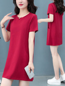 Red Pure Cotton Midi Short Sleeve T-Shirt Dress Womens Summer New Style Moms T-Shirt Dress Korean Style Slim Fit round Neck