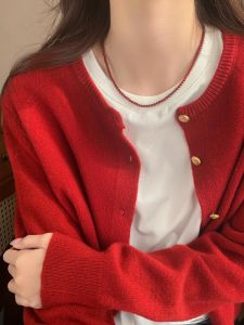 Ankela Red Raccoon Velvet Small Golden Button Knitting Cardigan Womens Autumn Lazy and Loose Long Sleeve Sweater Coat Tops