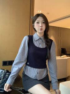 เสื้อเชิ้ตลายทางสไตล์เกาหลีไซส์ใหญ่สำหรับผู้หญิง ฤดูใบไม้ร่วง 2025 ใหม่ เสื้อเชิ้ตแขนยาวทรงเข้ารูปสำหรับใส่ไปทำงาน