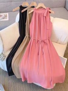 Summer Dress Lazy Summer French Style 2025 Slimming Sleeveless Neck Hanging Belted Vacation Long Dress Commute Style High Waist Soft Polyester Fibre