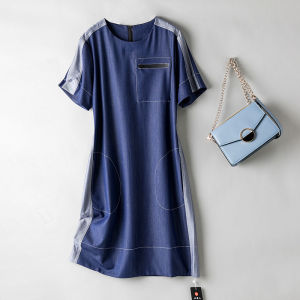 Elegant Vintage Style Cotton Denim Dress for Women with Round Neck Big Pocket Midi Length with Patchwork Asymmetry