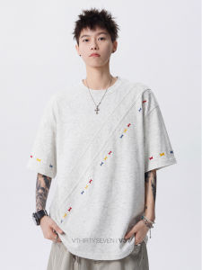 V37 | Decostructured Slanted Colorful Embroidery Loose Casual T-Shirt for Men