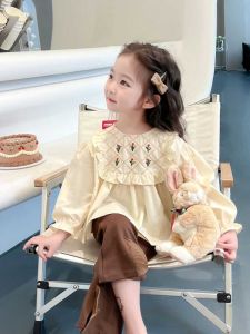 Cute Girls Long Sleeve Shirt Embroidered Spring Autumn Fashionable Childrens Clothing Cotton Blend Lightweight Polyester