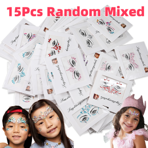 15Pcs Random Mixed Children Face Gems Tattoos Glitter Crystal Rhinestones Self-Adhesive Face Decal for Party Makeup Body Tattoos