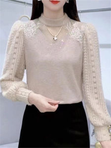 Trendy Fleece Lined Thickened Lace Base Shirt Womens Stylish Slimming Half High Collar Noble Splicing Knitted Top