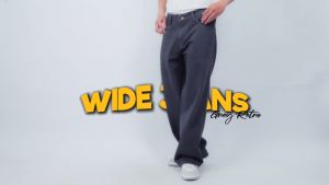 Gizmo - Celana Jeans Wide Leg Wisker  Gombrong Skena Grey Polos pria loose fit jumbo big keren Bahan Denim