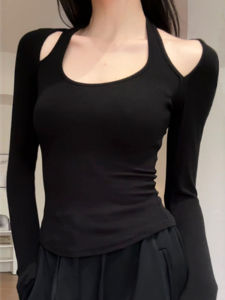 เสื้อยืดคอกลมแขนยาวทรงเข้ารูปสีดำสำหรับผู้หญิงในฤดูใบไม้ร่วง 2024 ใหม่ ปกบาง แฟชั่น เสื้อคลุมกันหนาว เสื้อผ้าทำงาน