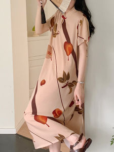 New Chinese Style National Style Artificial Cotton Nightdress Womens Summer Improved Cheongsam Pajamas Slim Looking Outwear Buckle Cotton Silk Dress Thin