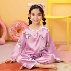 Childrens Summer Ice Silk Thin Long Sleeve Sleepwear Home Clothes Set for Boys And Girls Comfortable Polyester Fiber Clothing