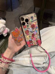 Kitty Black Leather Rhinestone iPhone 16 pro Max Cartoon Full Cover Case with Lanyard Korean Style Simple High-End Feel