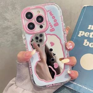 INS Cute Cartoon Bear Makeup Mirror Phone Case For iPhone 17 Air 16 15 14 13 12 11 Pro Max XS X XR 7 8 Plus 16E Shockproof Cover