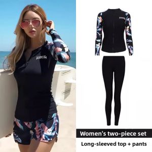 Long Sleeve Womens Wetsuit Two Piece Surfing Swimming Suit Slimming Belly Cover up Diving Clothes Nylon Material for Diving
