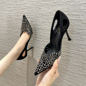 รองเท้าส้นสูงประดับคริสตัลสีดำสำหรับผู้หญิง ทรงหัวแหลม สายรัดนิ้ว ส้นบาง รองเท้าส้นเดี่ยว รองเท้าแฟชั่น รองเท้าลำลอง