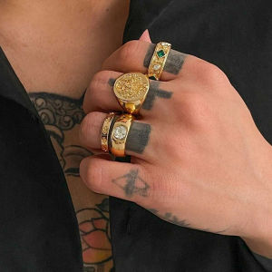 IngeSight.Z 4Pcs/Set Rhinestone Open Adjustable Rings Finger Men Punk Gold Color Geometric ​Finger Rings Jewelry Gifts 2025