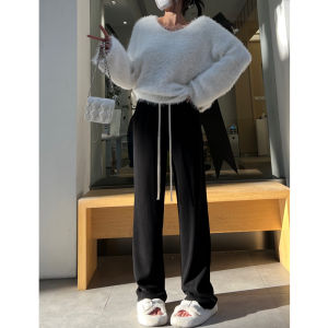 กางเกงขายาวทรงหลวมผ้าถักสำหรับผู้หญิง ทรงสลิมฟิต ทรงตรง ทรงหลวม ทรงลำลอง สีเทา ทรงหลวม ทรงสลิมฟิต ทรงหลวม ทรงลำลอง