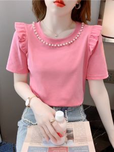 เสื้อยืดแขนสั้นลมสบายๆสําหรับผู้หญิงแฟชั่นฤดูร้อน 2024 สไตล์เย็บปักถักร้อยคอกลมสลิมฟิตสากลด้านบน