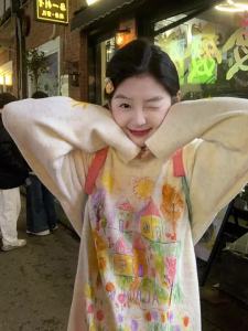 A chock | Laid-back Style Hand-painted Graffiti Jacquard Sweater Round Neck