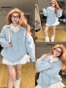 Blue Knitted Twisted Sweater Womens Autumn Winter Soft Cozy High-End Feeling Lazy Small Size Half Zip Hoodie Polo Collar Top