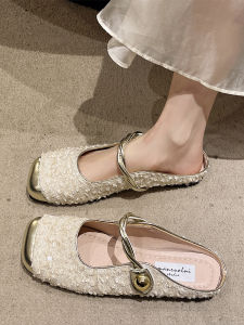 Kara Wood Womens Flat Bottom Sandals Head Covering Summer Outdoor Wear French Style Evening Breeze Sequin Mary Jane Slippers