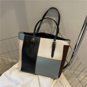 Trendy Korean Style Large Capacity Simple Womens Shoulder Bag Color Block Tote Handbag Casual Soft PU Leather Zipper Closure
